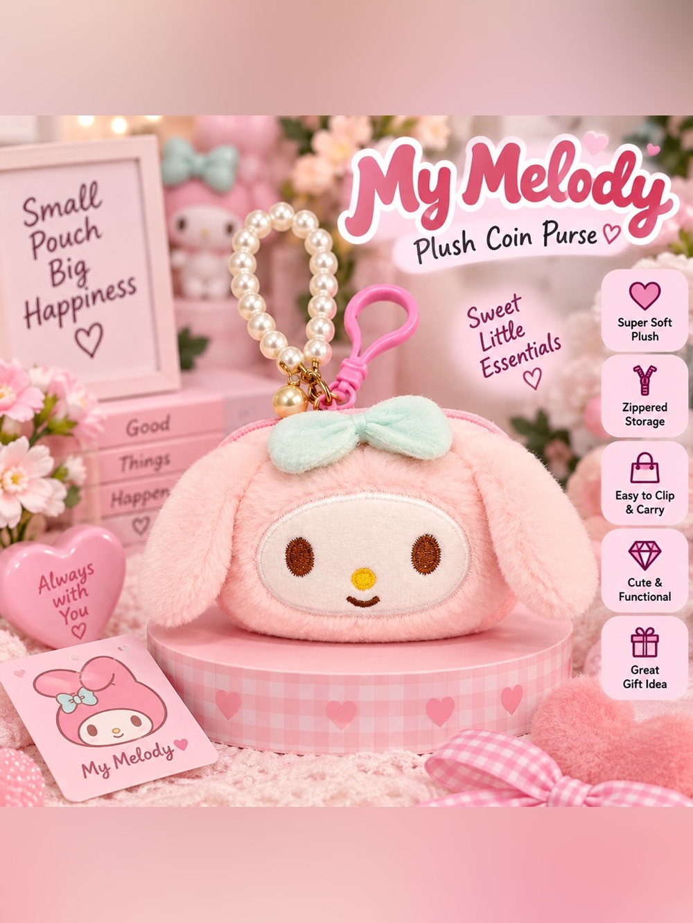 My Melody Plush Coin Purse Mini Pouch Pearl Wristlet Keychain Clip Pink NWOT